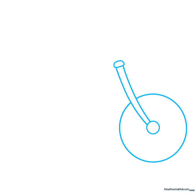 Pencil sketch showing a small circle for a bicycle hub with a front fork and a larger outer tire circle.