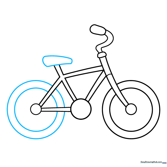 Adding a bicycle seat and the completed rear wheel circles to the frame structure.
