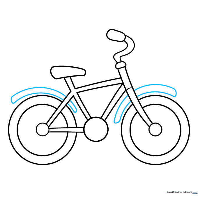 Drawing curved mudguards over the front and rear tires of the cartoon bicycle.