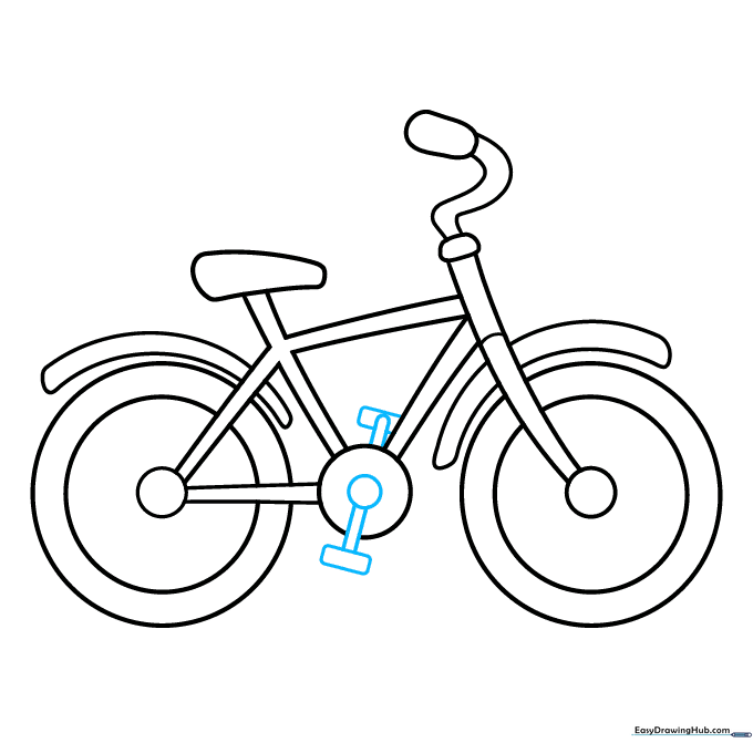 Adding pedals to the central crankset of the bicycle with clean, geometric shapes.