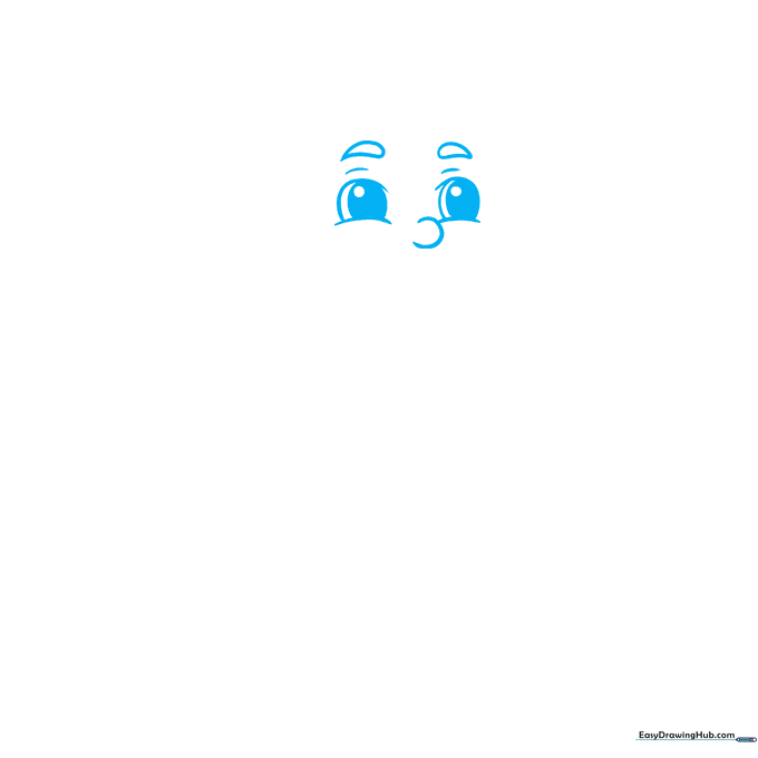 Close up of cartoon boy facial features including nose, eyes, and eyebrows sketched on white paper.