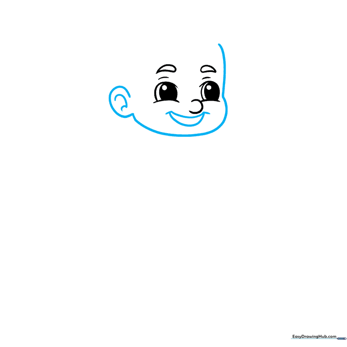 Outline of a cartoon boy head shape with ears and a smiling mouth.