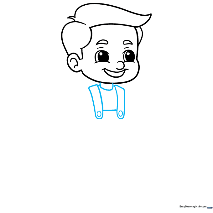 Sketch of the cartoon boy's neck and overall straps with buttons.