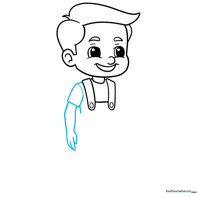 Cartoon boy drawing showing one arm and sleeve extended downward.