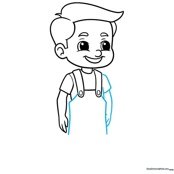 Cartoon boy torso with both arms and long overall pant legs.