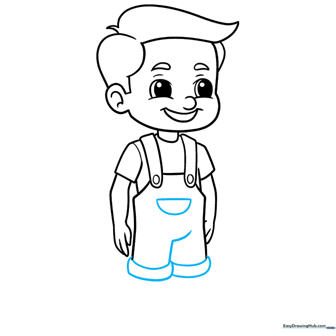 Cartoon boy overalls with a chest pocket and pant cuffs added.