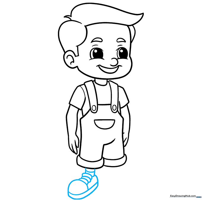 Cartoon boy leg and sneaker with laces added to the drawing.
