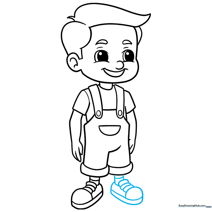 Completed line art of the cartoon boy with both legs and shoes.