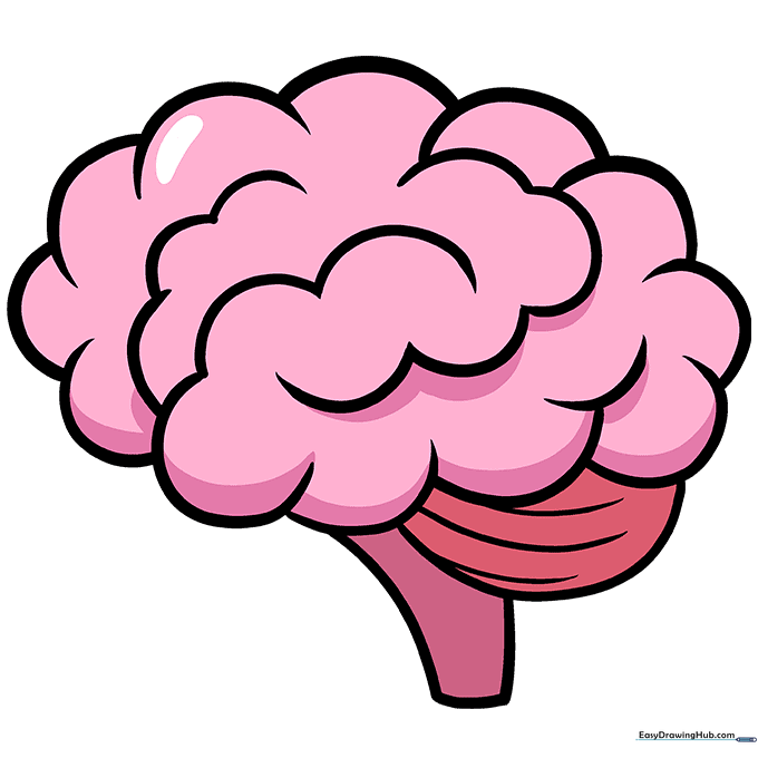 A finished, colored cartoon brain drawing in shades of pink and grey.
