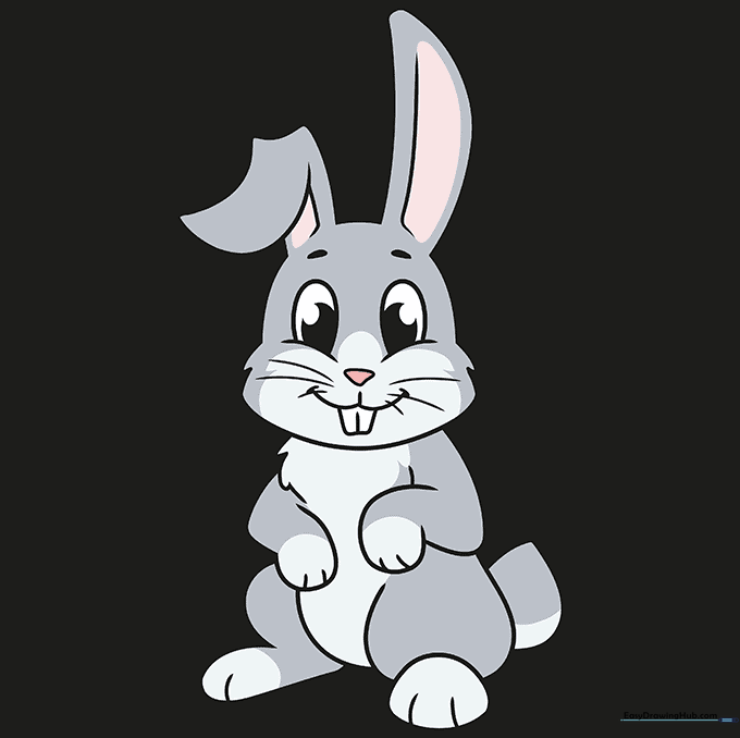 The finished cartoon bunny drawing, fully colored with grey fur and pink inner ears.