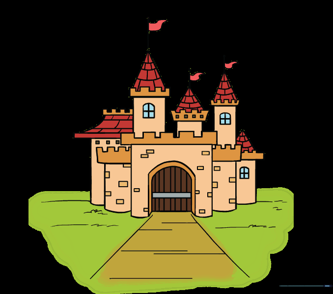 The finished, colored cartoon castle drawing.