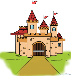 A vibrant, completed cartoon castle drawing with towers, flags, and a stone path.