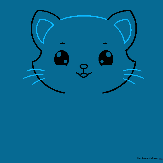 Drawing showing inner ear details and long whiskers added to the cat's face.