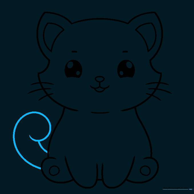 Drawing showing a long, curved tail attached to the cat's body.