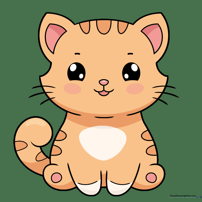 The finished, colored cartoon cat drawing with orange fur and pink accents.