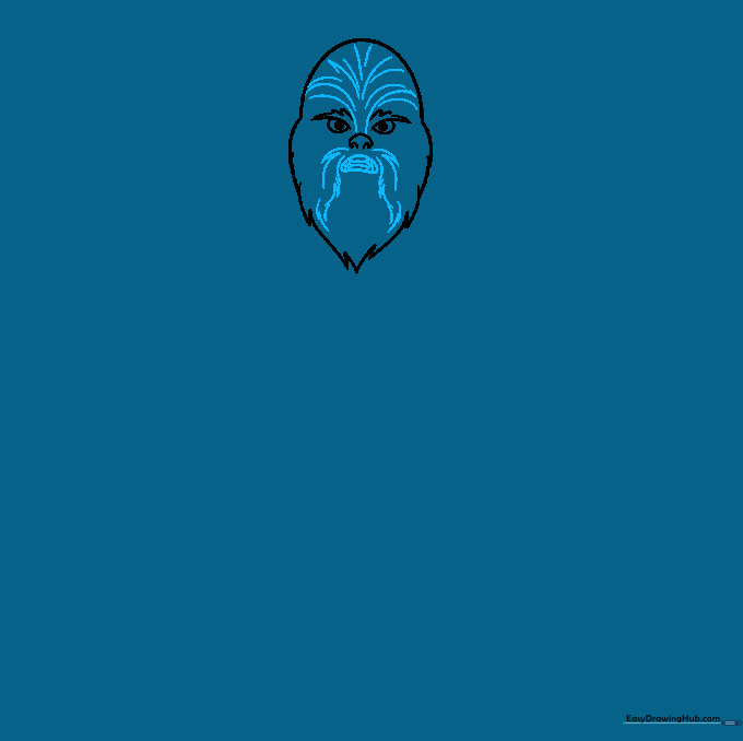 Drawing the mouth area with teeth and adding upward-sweeping lines to represent the start of Chewbacca's facial fur.