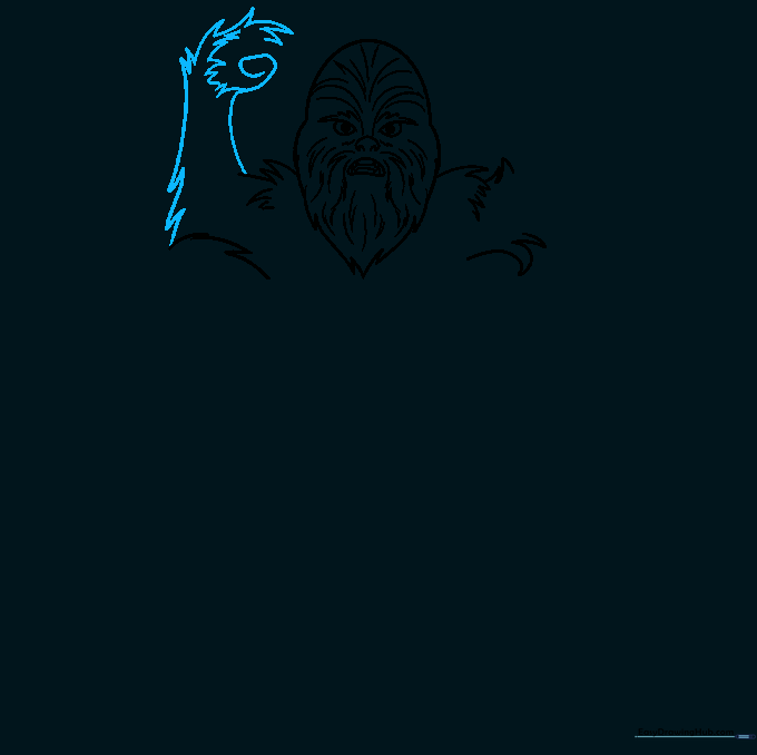 Outlining the arms and hands with jagged lines to indicate fur and structural shape.