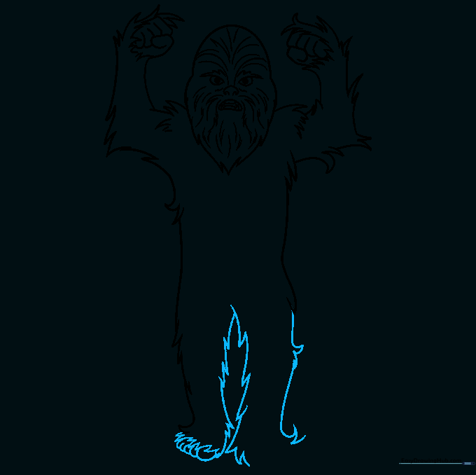 Sketching the legs and feet using sweeping lines and overlapping ovals for the toes.