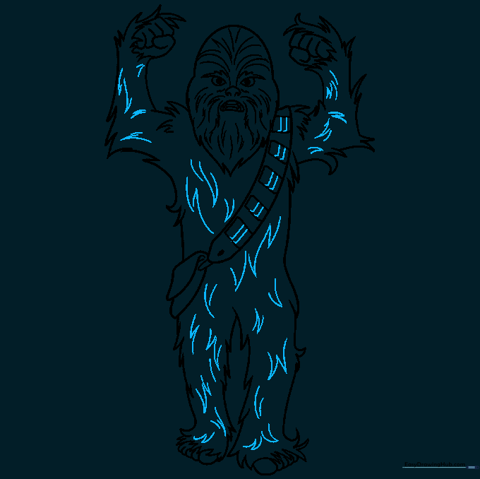 Adding final fur details and refining the lines on the sash for a complete look.