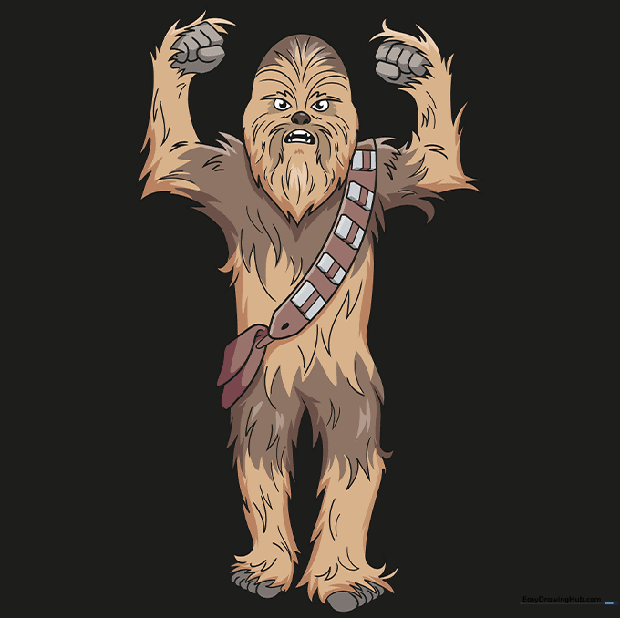 The finished, colored cartoon Chewbacca drawing with brown fur and grey accessories.
