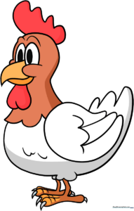 A friendly, colorful cartoon chicken standing on a white background, perfect for kids to learn from.