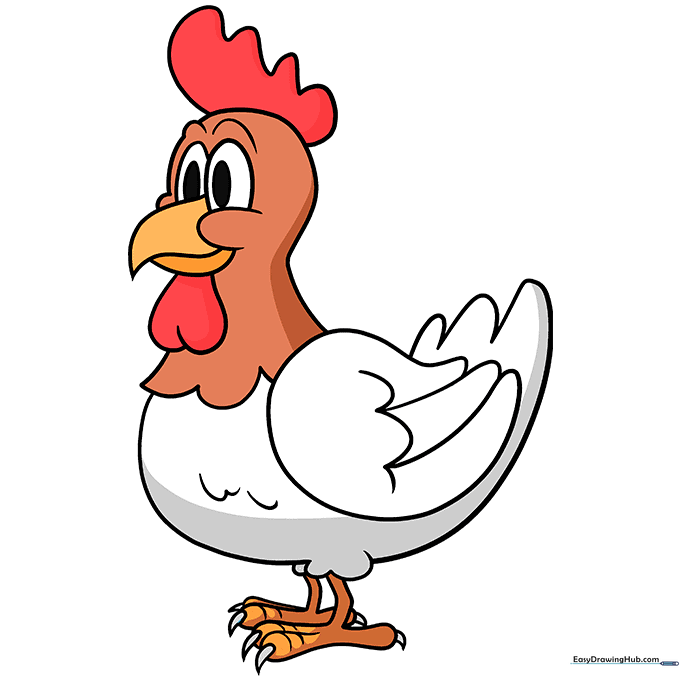 Finished, colored cartoon chicken drawing with vibrant yellow feathers and orange details.