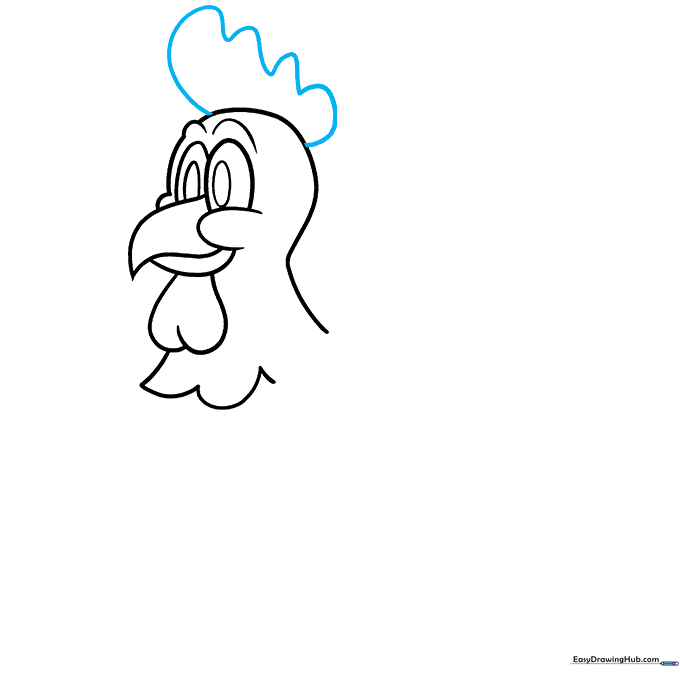 Pencil sketch adding a wavy comb to the top of the chicken's head.
