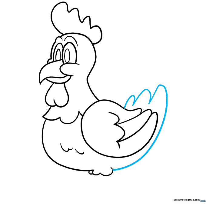 Pencil sketch adding a fanned-out tail to the back of the chicken.