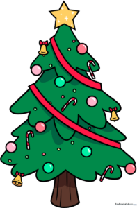 A vibrant, fully decorated cartoon Christmas tree, showcasing the final result of the drawing tutorial.