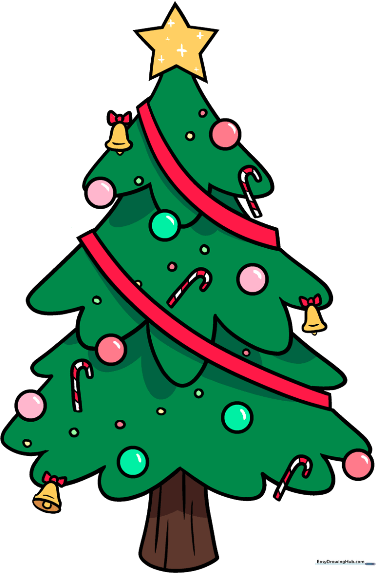 A vibrant, fully decorated cartoon Christmas tree, showcasing the final result of the drawing tutorial.