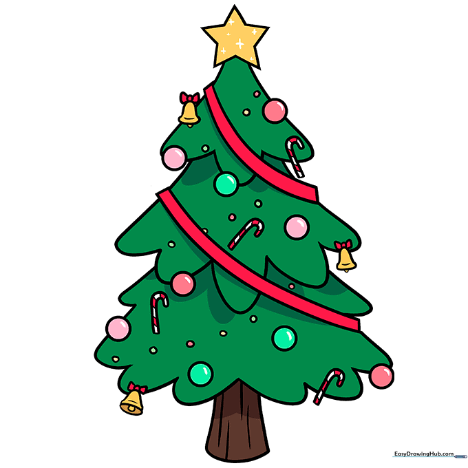 The final colored cartoon Christmas tree drawing.