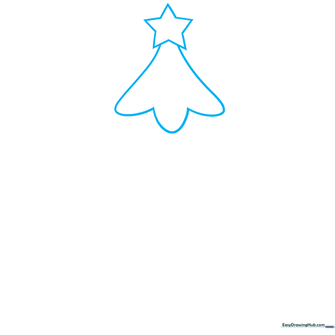 Pencil sketch of a five-pointed star with the beginning of a tree bough underneath, showing the first step of drawing a Christmas tree.