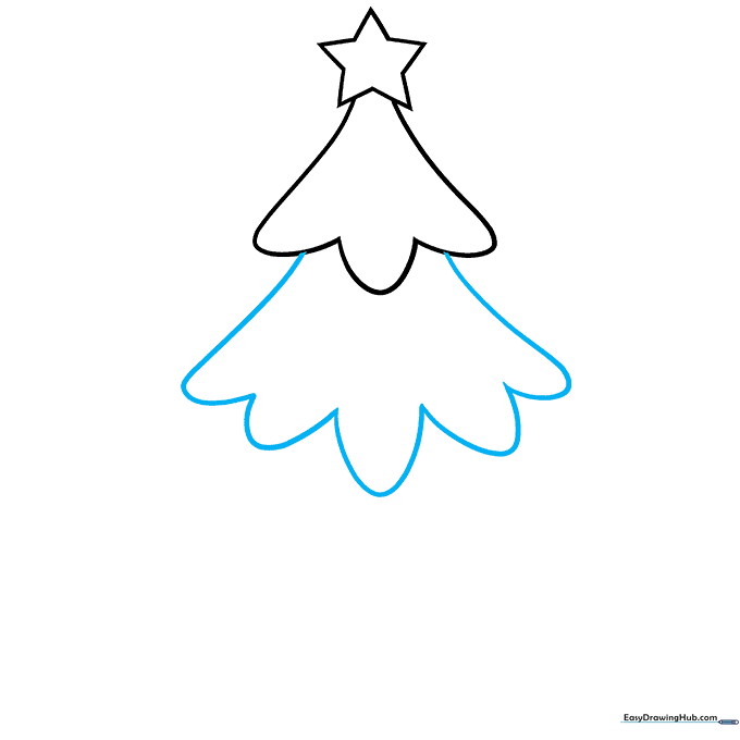 Drawing the second tier of the Christmas tree using connected curved lines.