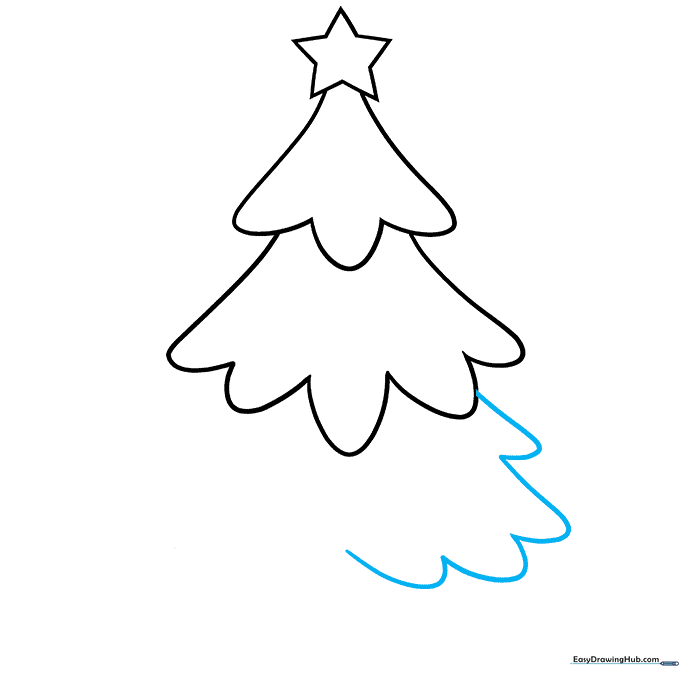 Adding the third, wider tier to the cartoon Christmas tree outline.