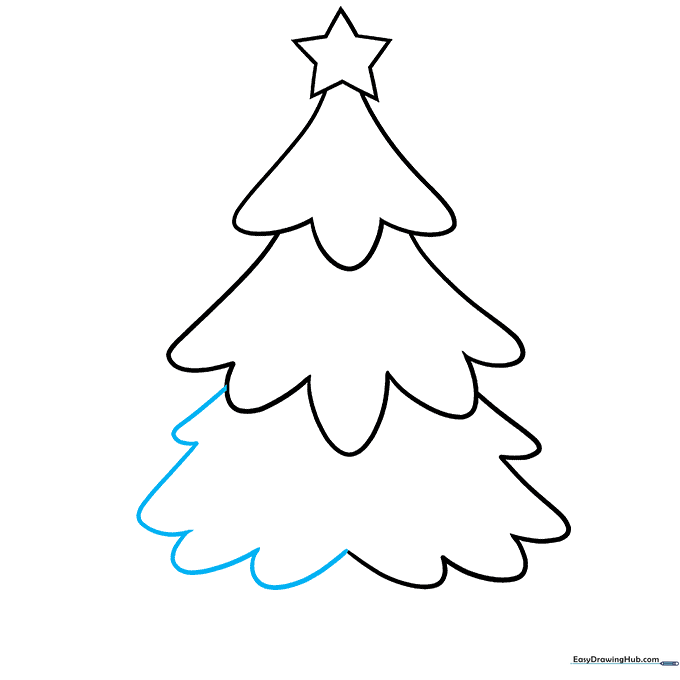 The completed outline of the Christmas tree tiers.