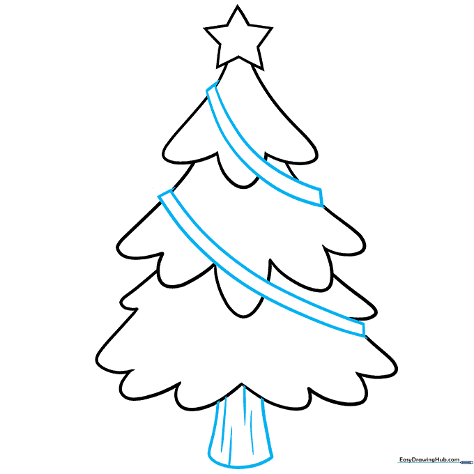 Adding a tree trunk and decorative ribbons to the Christmas tree drawing.