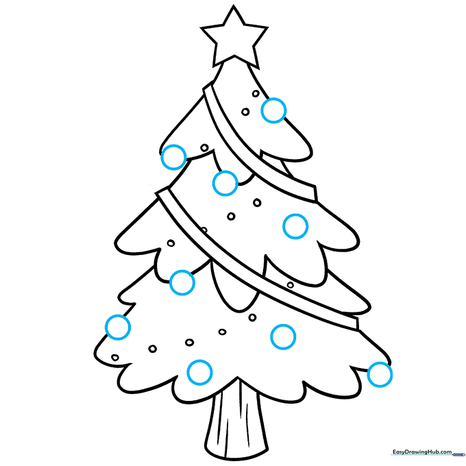 Adding circular ornaments to the Christmas tree.