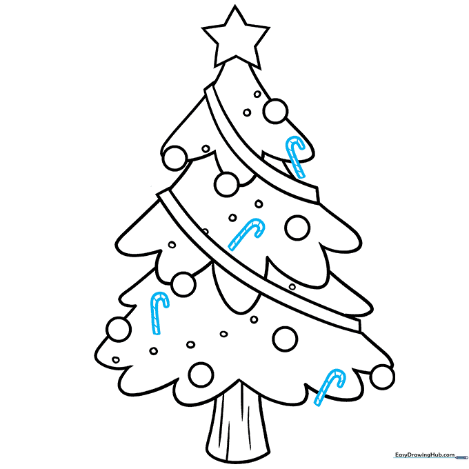 Adding candy cane decorations to the Christmas tree.
