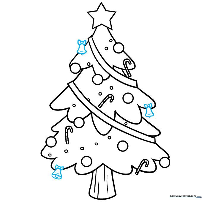 Adding small bells with bows to the branches of the Christmas tree.