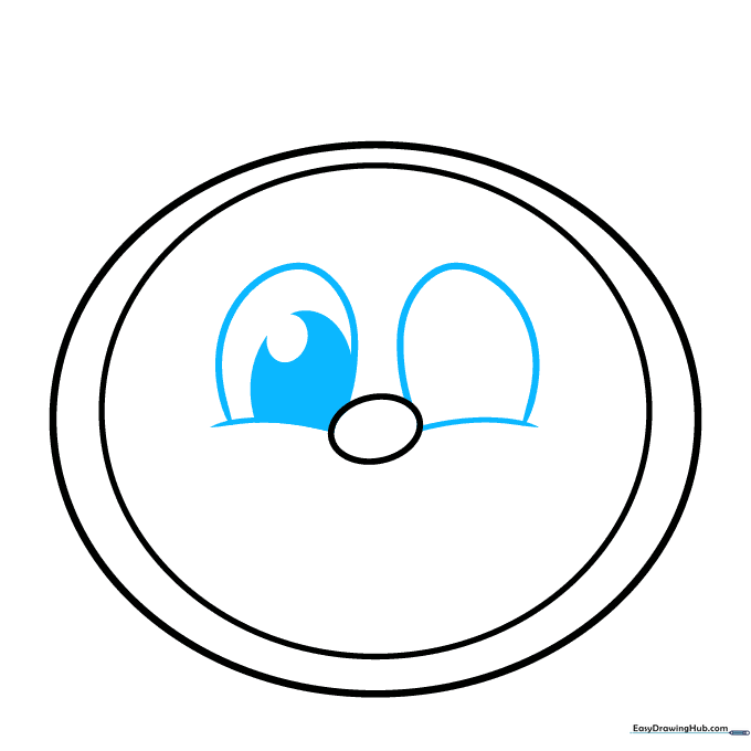 Drawing showing the addition of two eye sockets and curved cheek lines on the clock face.