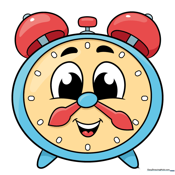 The finished cartoon clock drawing, fully colored and ready for display.