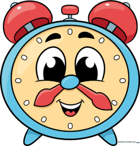 A friendly, colorful cartoon alarm clock character illustration.