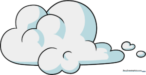 A bright, friendly cartoon cloud illustration against a blue sky background.