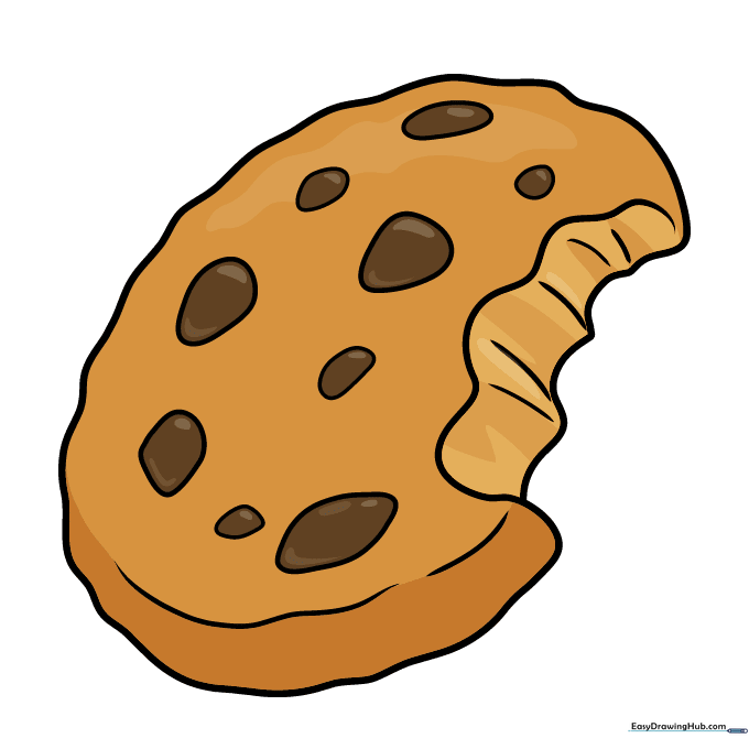 A fully colored cartoon cookie with golden brown dough and dark chocolate chips.