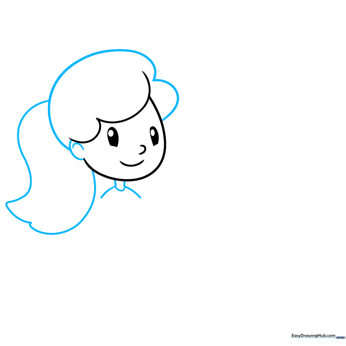 Drawing showing the addition of the girl's ponytail, neck, and shoulder contours.