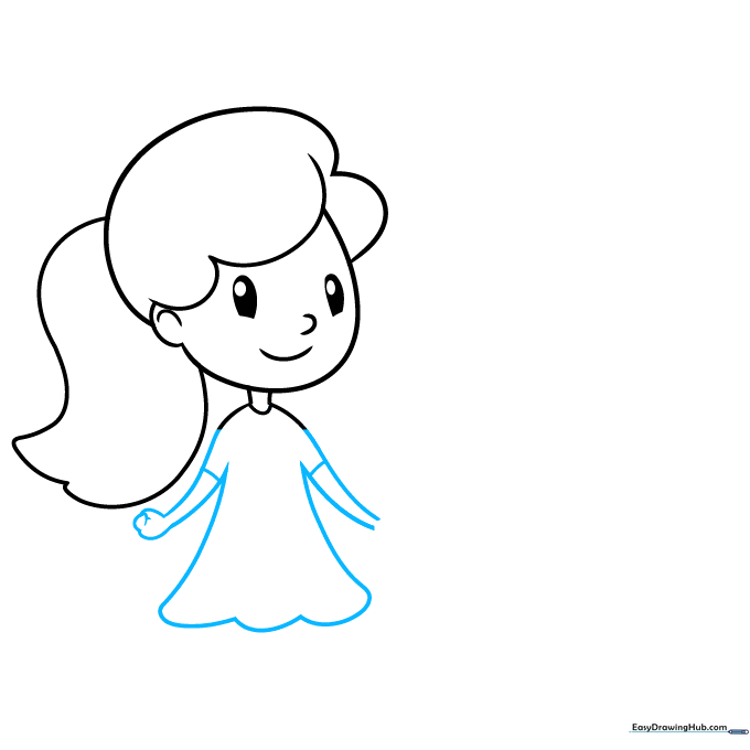 Step showing the girl's dress silhouette and arm placement with simple hand shapes.