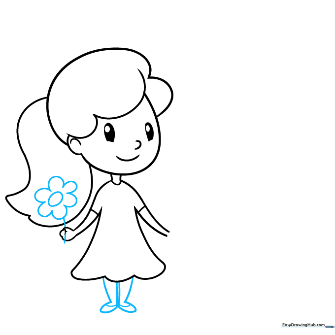Drawing showing the girl holding a daisy flower and the addition of her legs and feet.