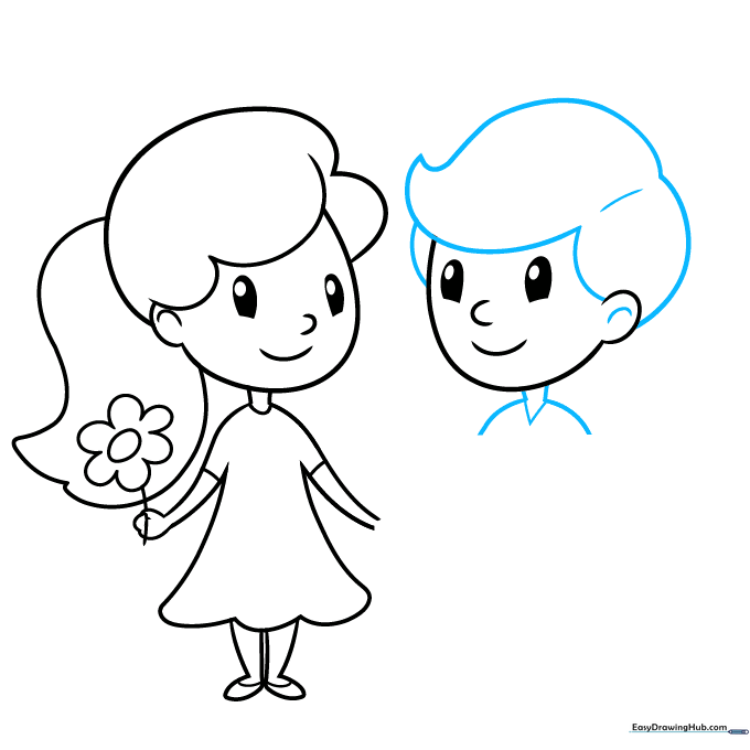 Drawing showing the boy's hair, neck, shoulders, and shirt collar details.