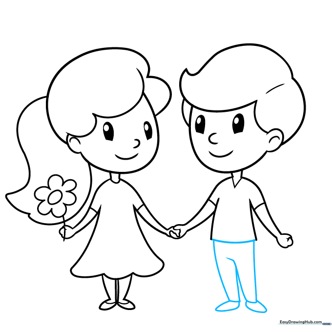 Drawing showing the completion of the boy's outfit, including pants and shoes.