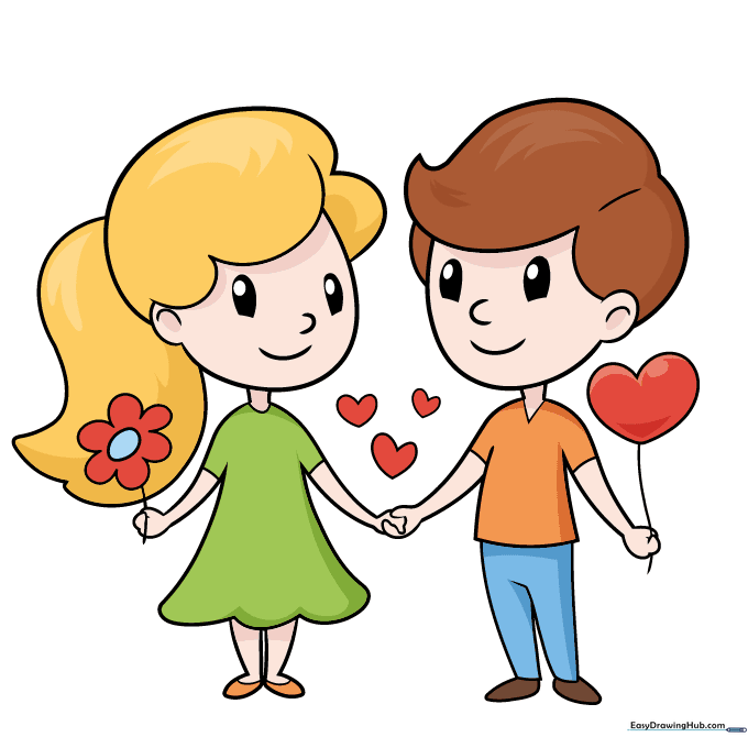 Finished, fully colored cartoon couple drawing with bright, cheerful colors.